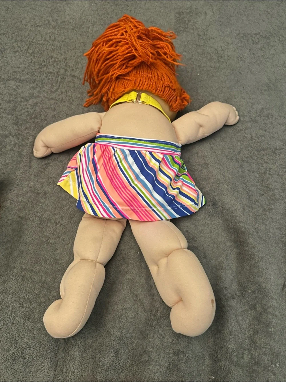 Soft Cloth Play Doll Red Yarn Hair Striped Dress, Signed Xavi Roca 1985